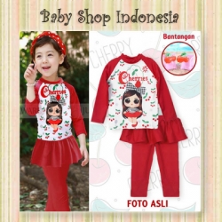 W083 Baju Renang Anak Laki laki Lengan Panjang with Arm Circle Red Cherries  large